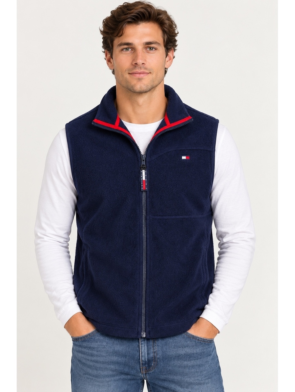 Vintage Tommy Hilfiger Men’s Large Navy Fleece Full Zip Vest Logo Flag